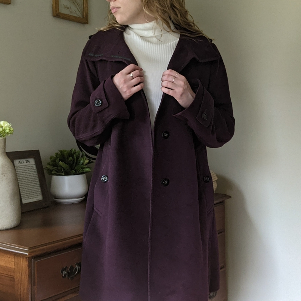 Burberry Funnel Neck Purple Wool Coat